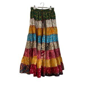 VTG Silk Patchwork Maxi Full Skirt Evez Tiered Boho Fairy Festival Artsy OS